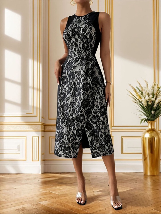 Perfee Dresses & Skirts - Perfee Slit Rose Round Neck Sleeveless Midi Dress